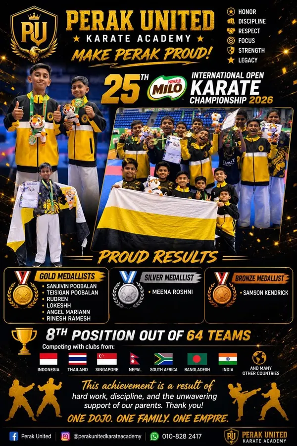Perak Legends team holding the Perak flag at the 25th MILO Karate Championship 2026