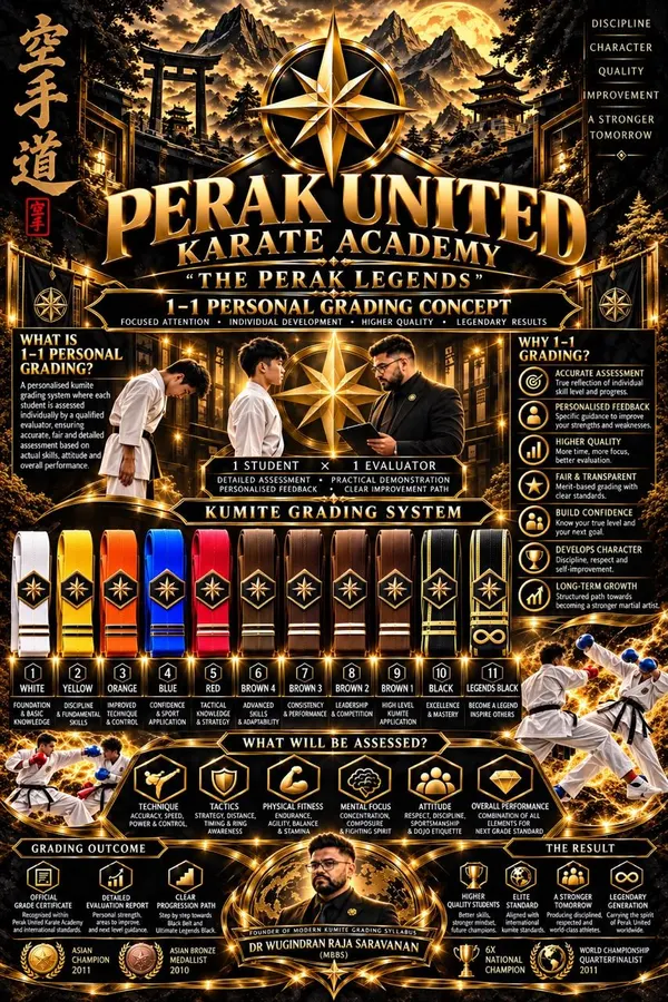 Perak United Karate Academy belt progression chart, from white belt to black belt